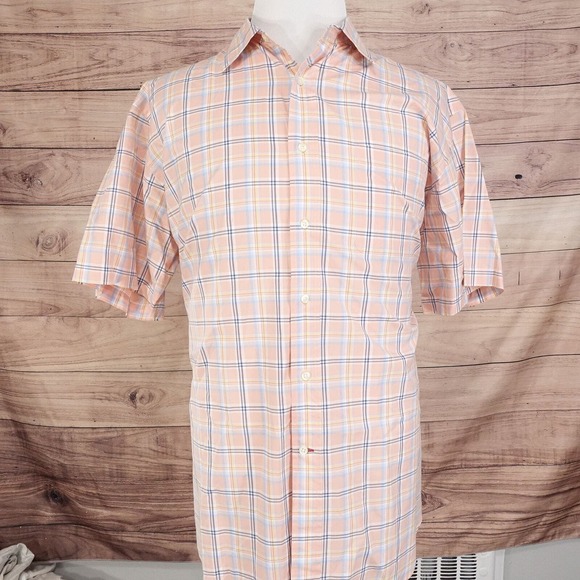 DANIEL CREMIEUX COLLECTION CLASSIC FIT SHORT SLEEVE PEACH BUTTON UP SHIRT SZ L - Picture 3 of 6